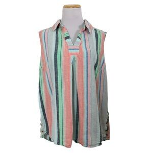 Zac & Rachel Woman Linen Blend Sleeveless Tank Top Womens 1X Striped Collared